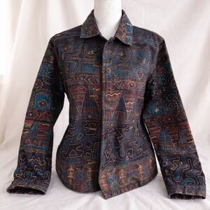 Chico’s Embroidered Denim Jacket Size 2 L – Boho Patchwork Art Wear Coat